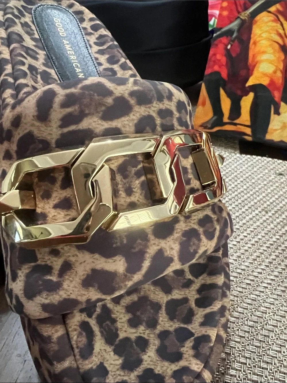 Good American Leopard Print Slide Sandals with Gold Accent